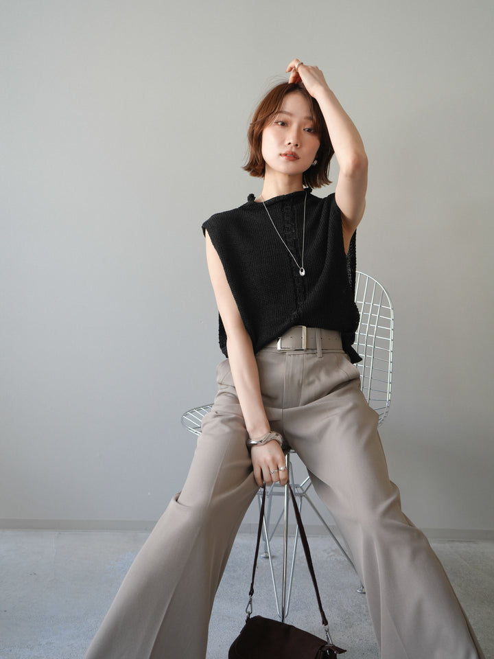 【套裝】開襟針織上衣+銀色搭扣垂褶闊腿褲（兩件套）