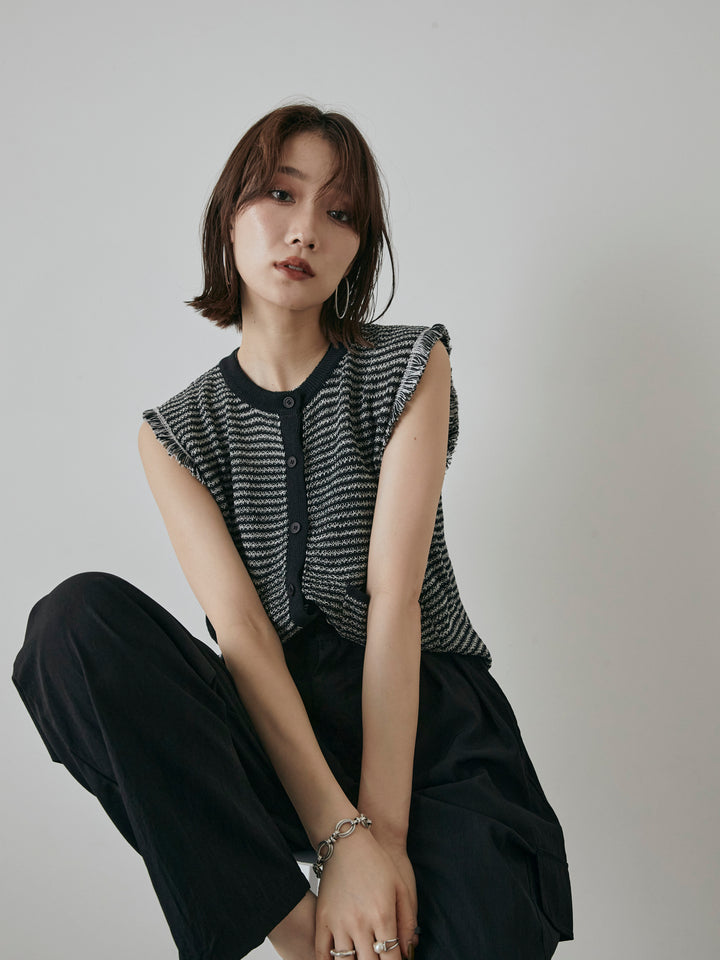 [予約]ボーダー袖フリンジニットベスト/ブラック