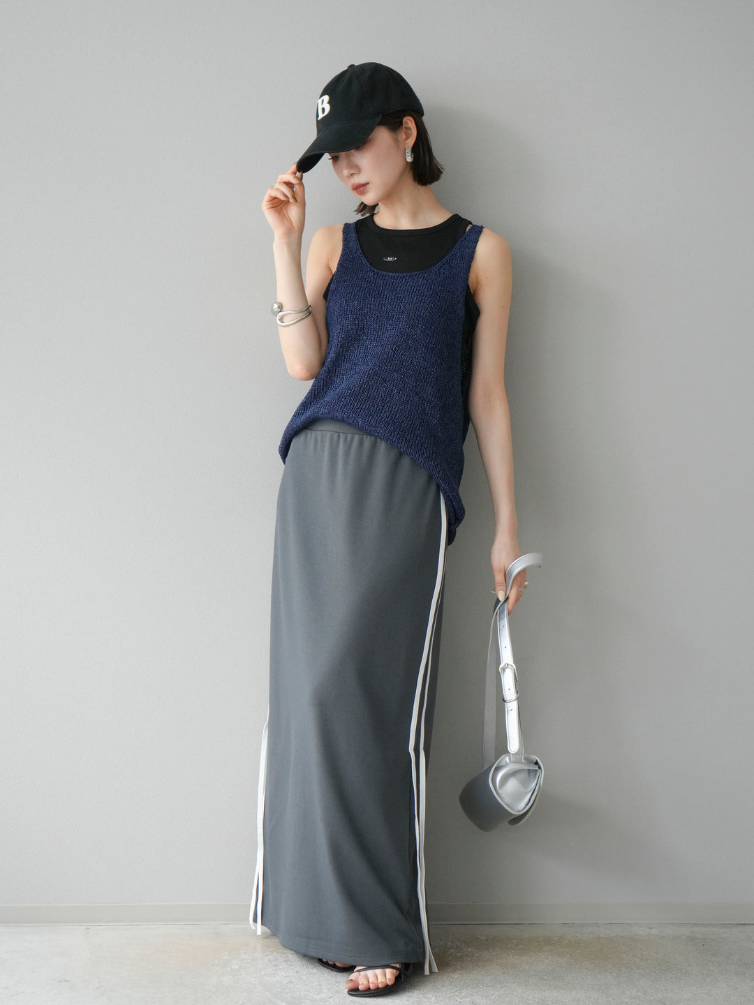 [予約]サイドラインジャージナロースカート/チャコール