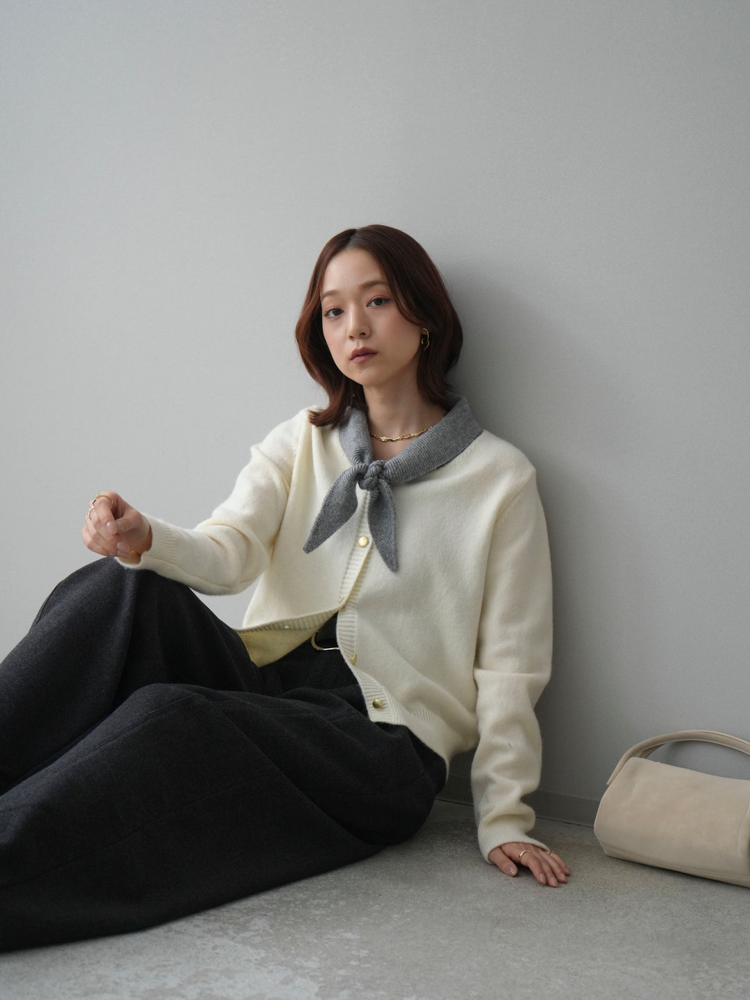 [SET]デザイン襟ニットカーディガン+ベルト付起毛コクーンパンツ(2set)