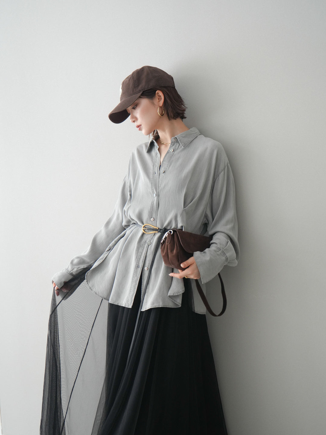 [SET]テンセルデニムタックシャツ+チュールボリュームスカート(2set)