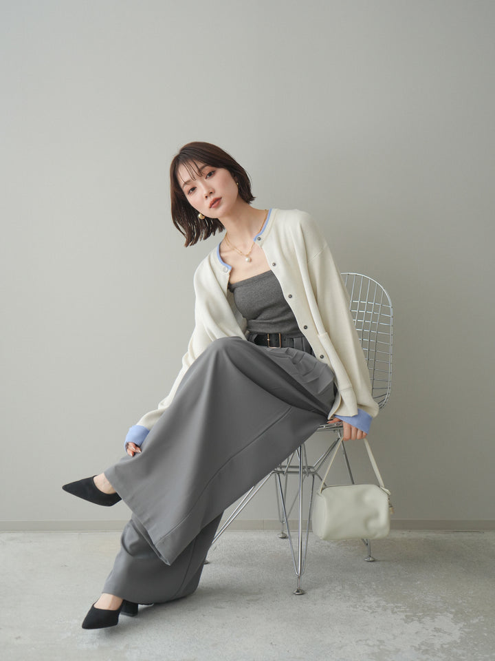 [SET]バイカラーオーバーニットカーディガン+タックベルトループワイドパンツ(2set)