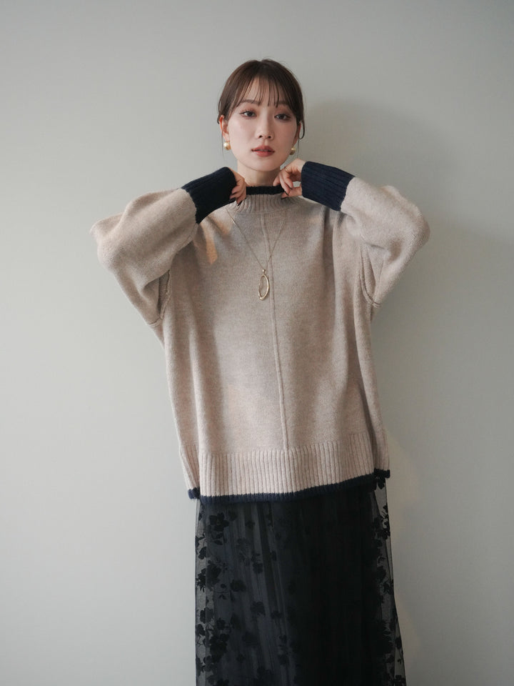 [SET]配色ハイネックニットプルオーバー+選べるアクセセット(2set)