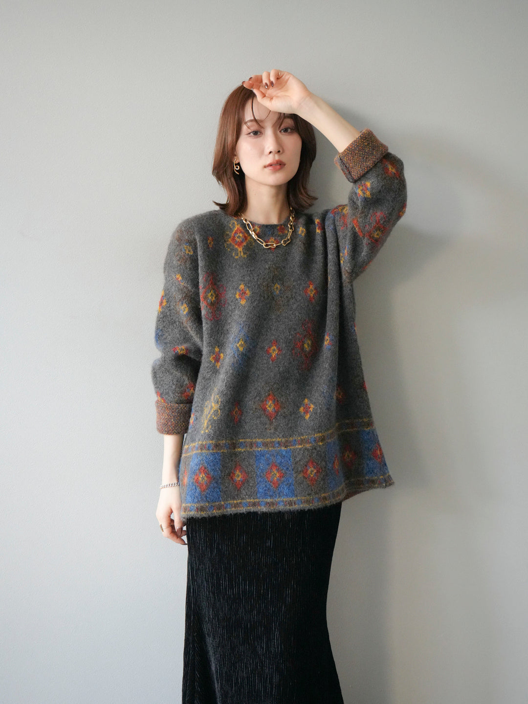 [予約]ヴィンテージ柄オーバーニットプルオーバー/チャコール
