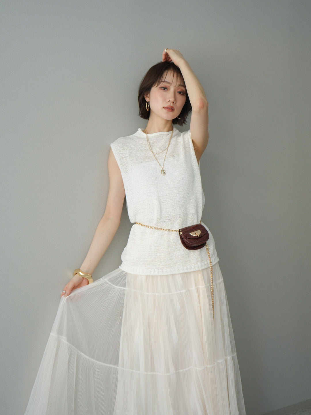 [予約]ノースリーブリネンタッチシアーニットプルオーバー/white