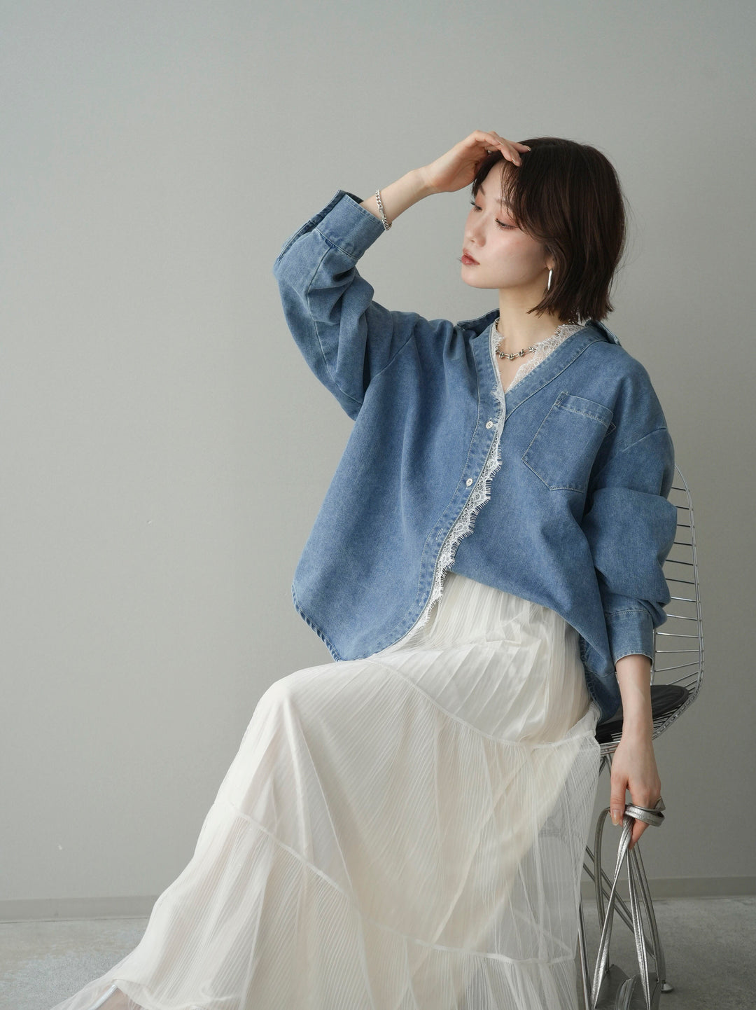 [SET]レースレイヤードデニム開襟シャツ+選べるアクセセット(2set)