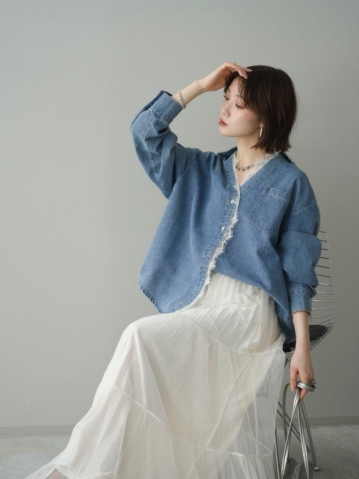 [SET]レースレイヤードデニム開襟シャツ+選べるアクセセット(2set)