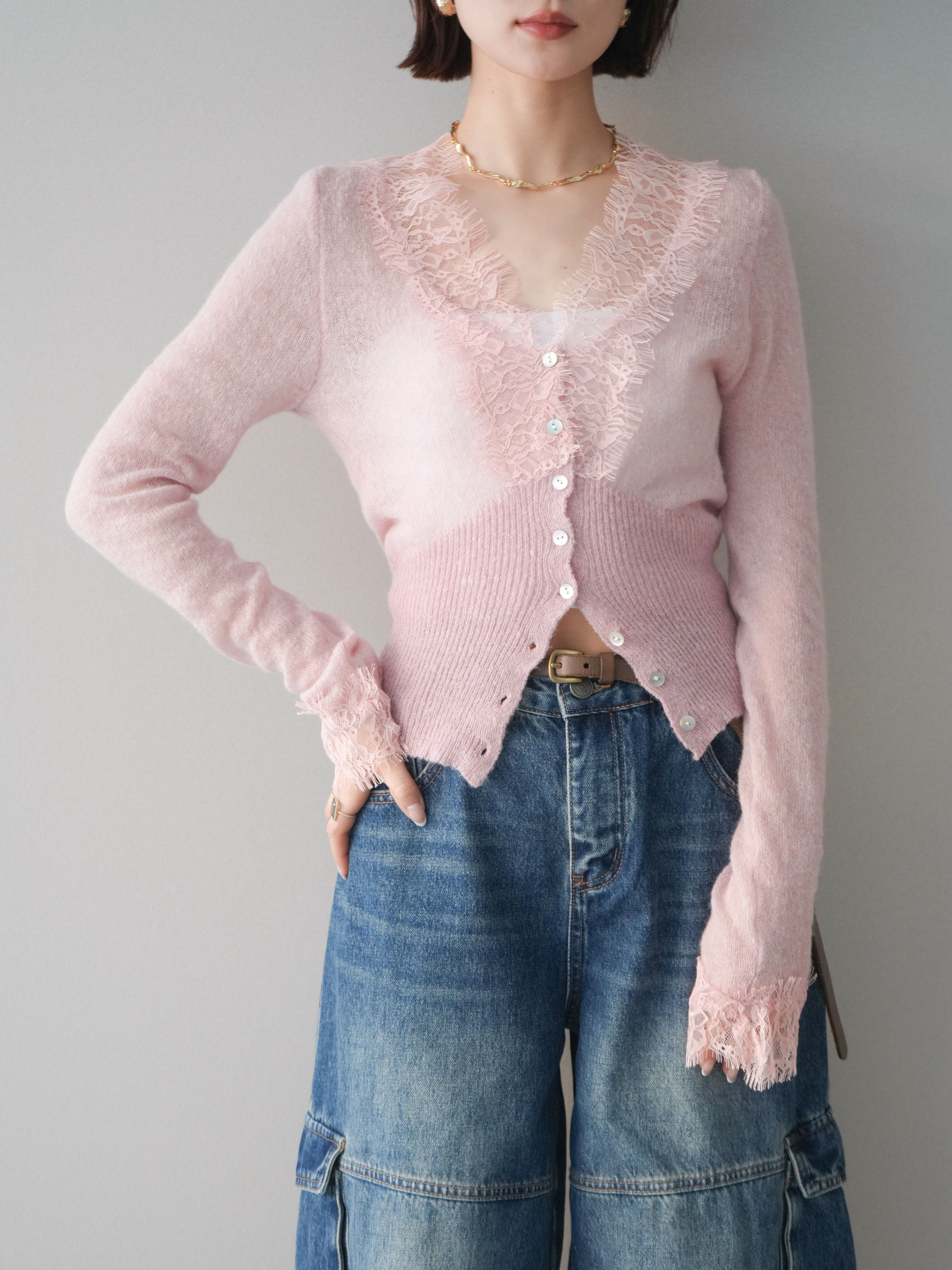 Milly ミリー　カシミヤ100%　レース刺繍　長袖カーディガン　ピンク　S 予約]モヘアタッチレースニットカーディガン/pink – Lumier