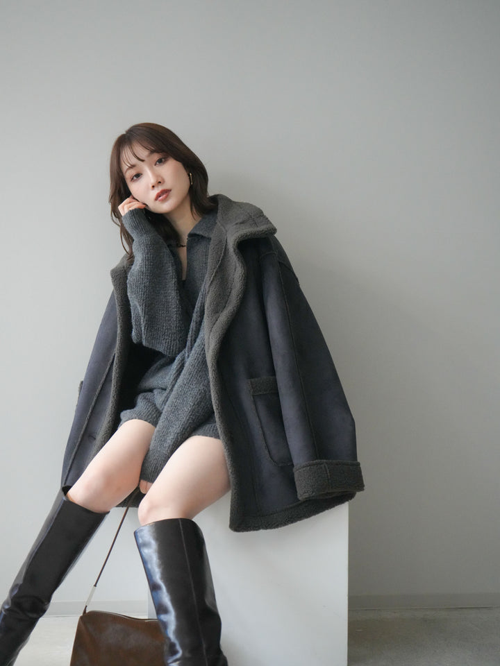 [SET]ポロニットプルオーバー＆ショートパンツSET UP+スタンドネックフェイクムートンミディアムコート(2set)