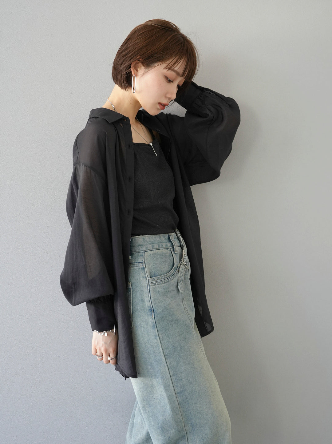[予約]ボリュームスリーブシアーオーバーシャツ/ブラック