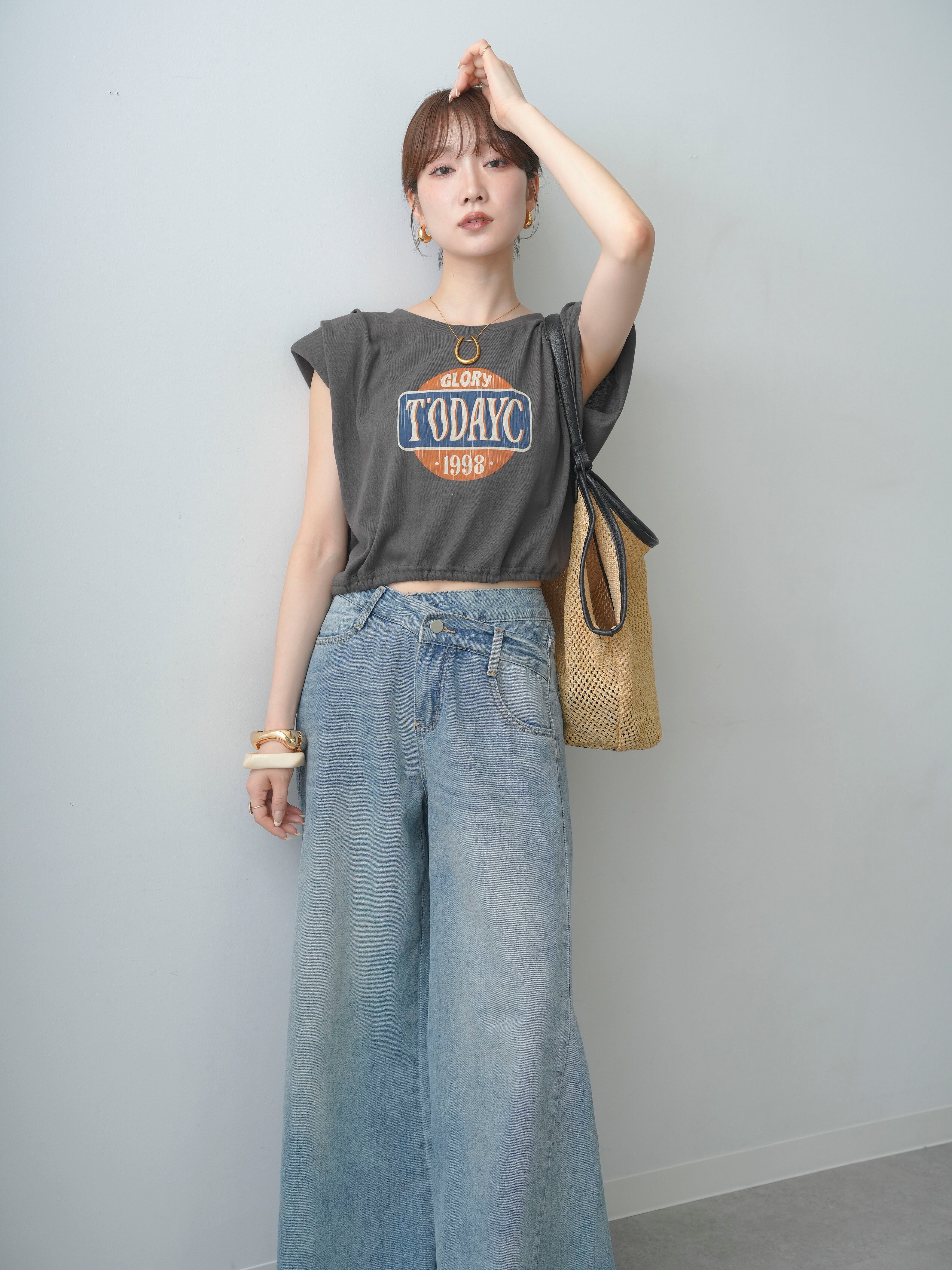 SET]ヴィンテージロゴドロストTEE+アシンメトリーウエストワイドデニム