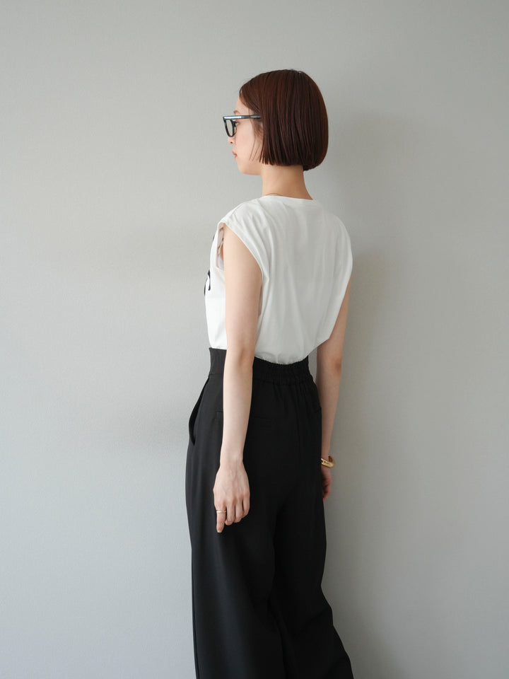 [SET]コード刺繍フレンチスリーブTシャツ+ジップタックワイドパンツ(2set)