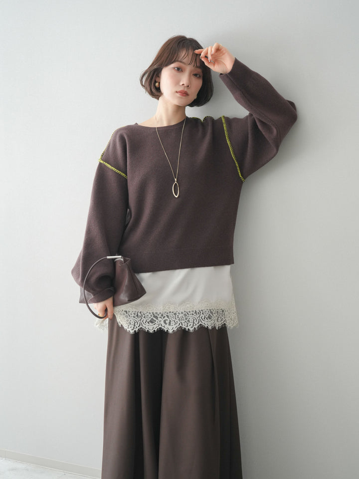 [SET]バックロゴ刺繍配色ステッチニットプルオーバー+選べるアクセセット(2set)