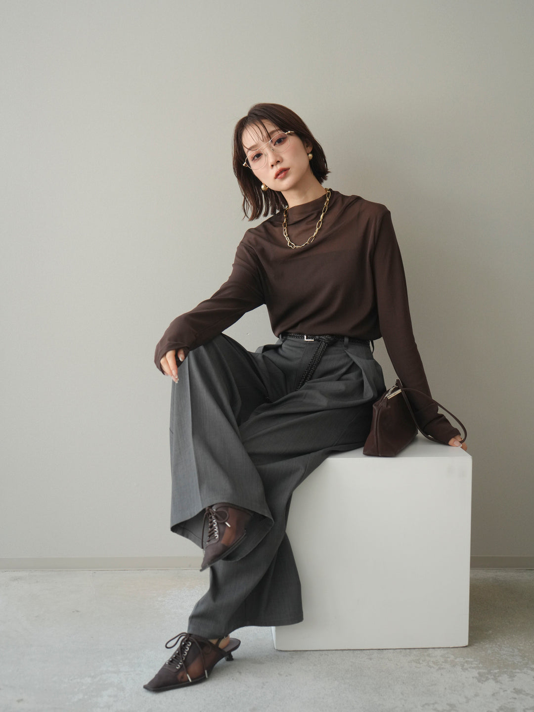 [予約]シアープチネックストレッチトップス/brown