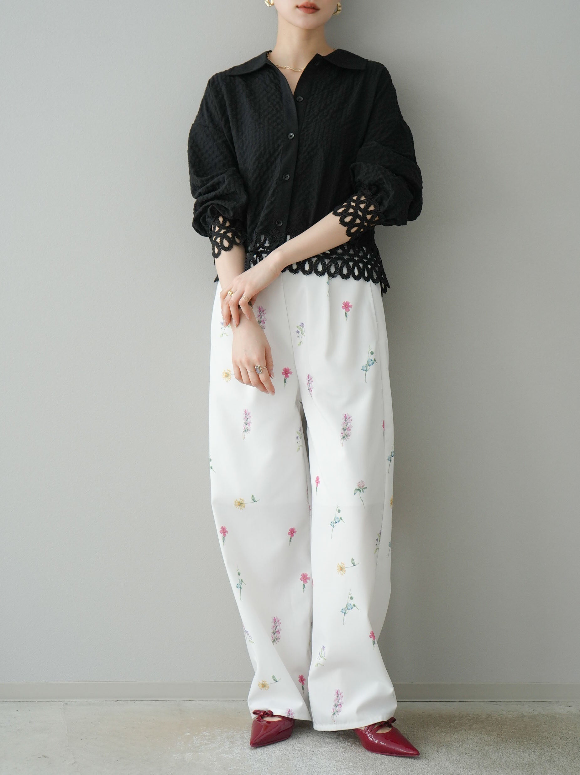 KAPITAL サイドレース切替 リネンブラウス Sheer Jacquard レース切替ブラウス