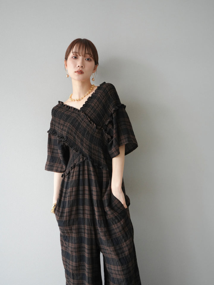 [予約]チェック柄ハーフスリーブシャーリングクロスサロペット/ブラウン