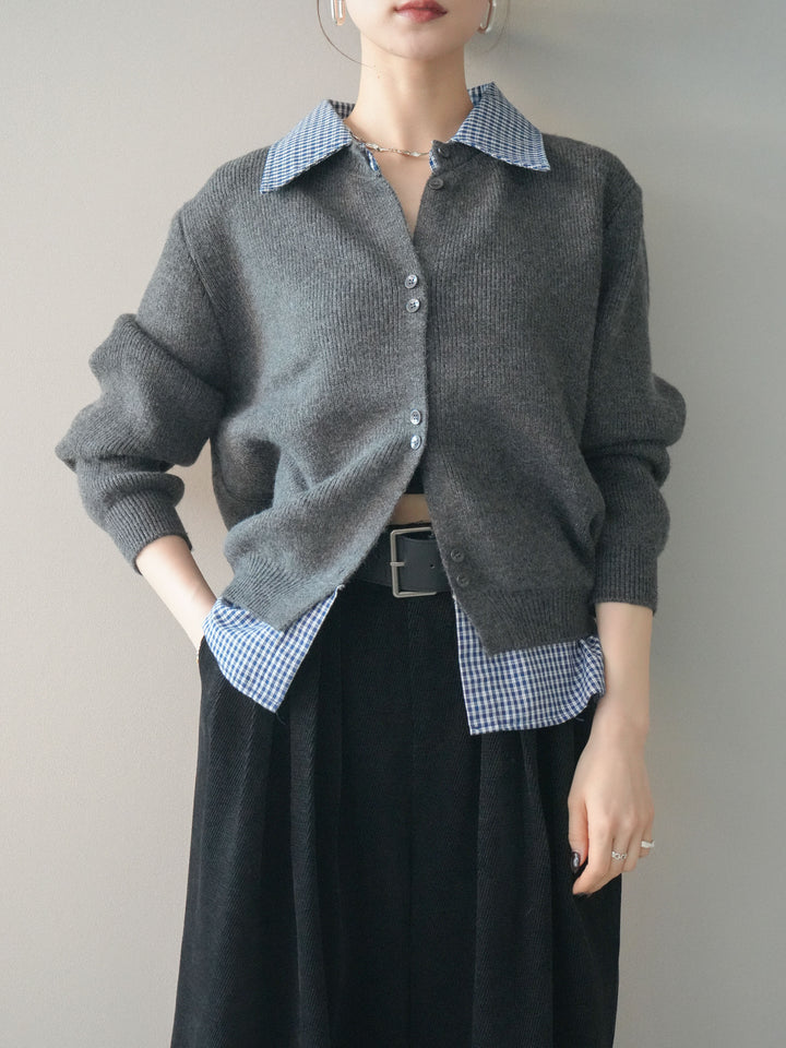 [予約]チェックシャツ襟ニットカーディガン/darkgray
