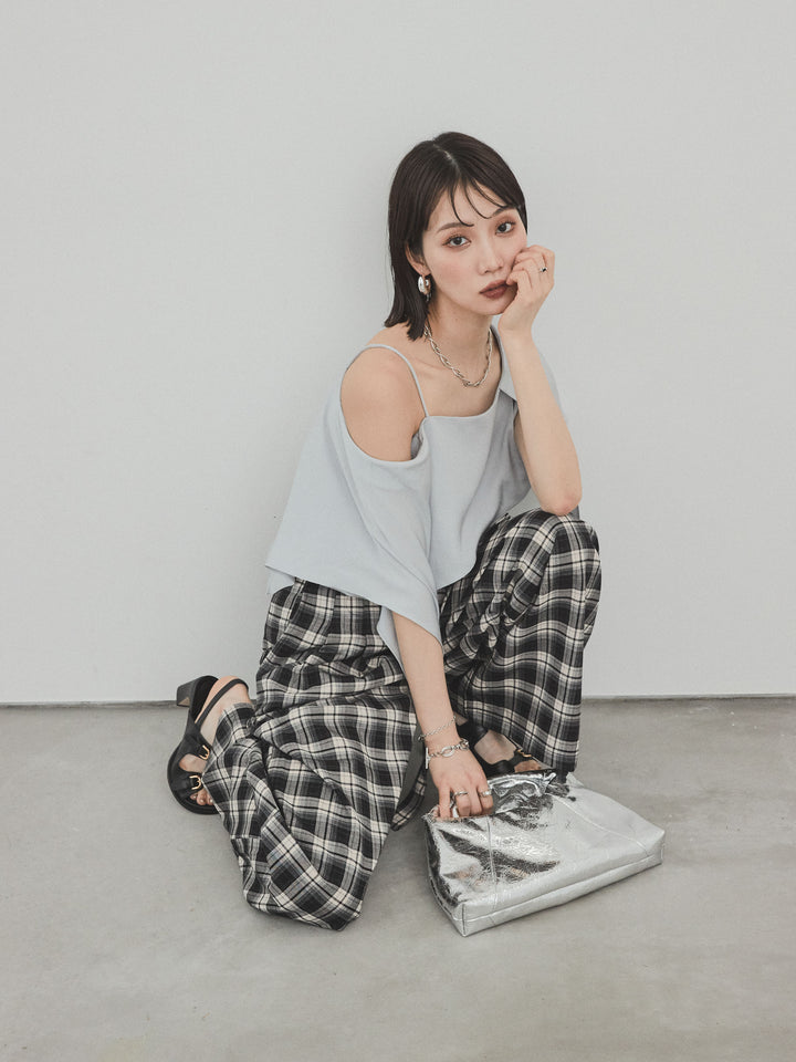 [SET]ワンショルラッフルブラウス+チェック柄ワイドパンツ(2set)
