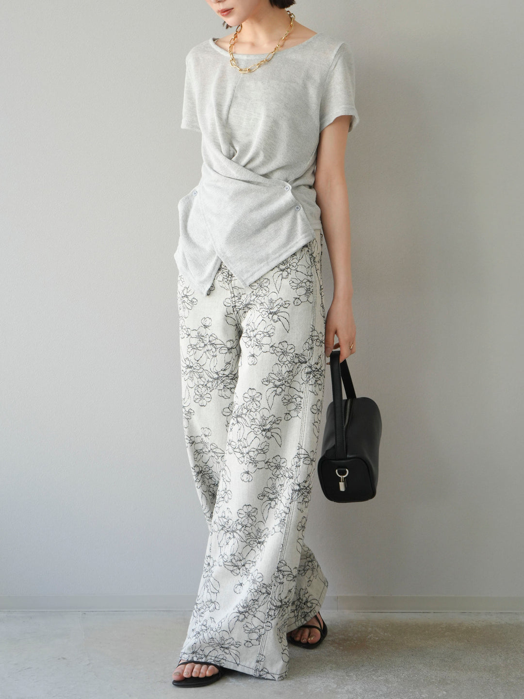 【預購】花朵提花牛仔寬褲/黑