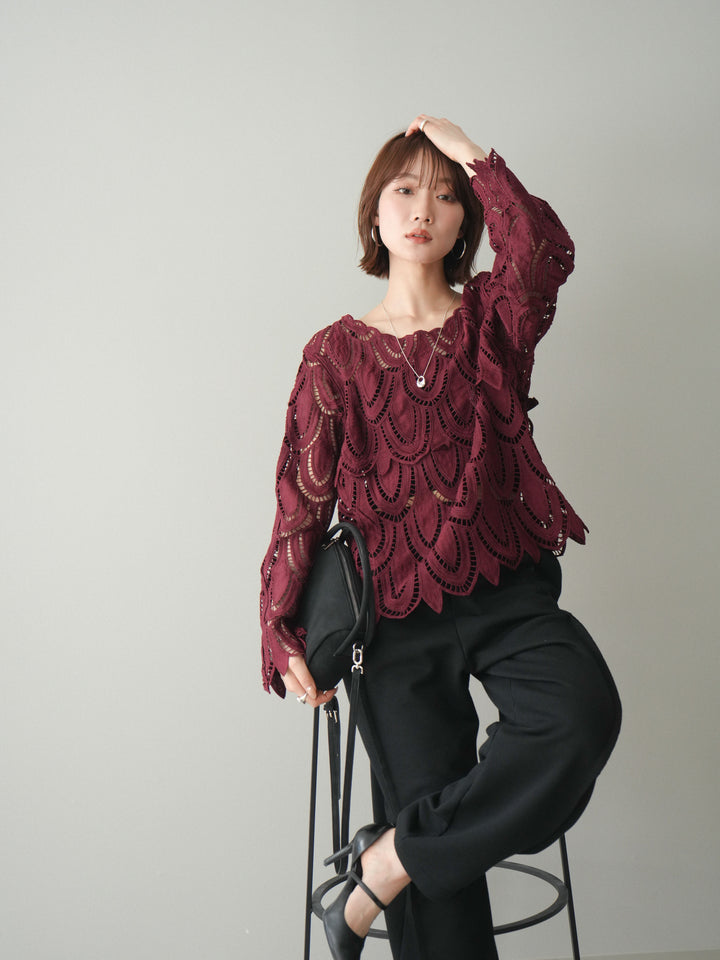 [予約]透かしコードレースブラウス/bordeaux