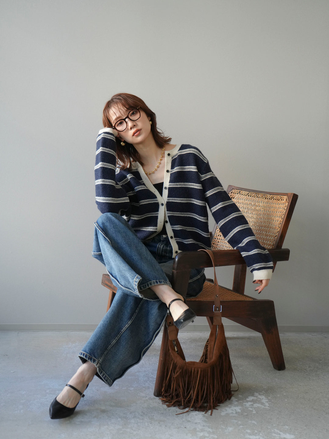 [予約]配色ボーダーニットカーディガン/navy