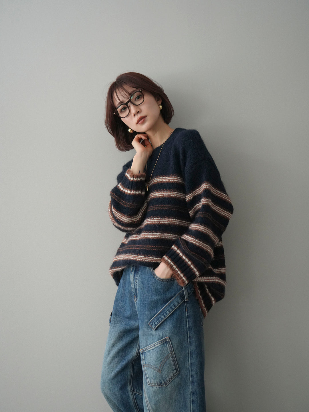 [予約]ステッチボーダーニットプルオーバー/navy