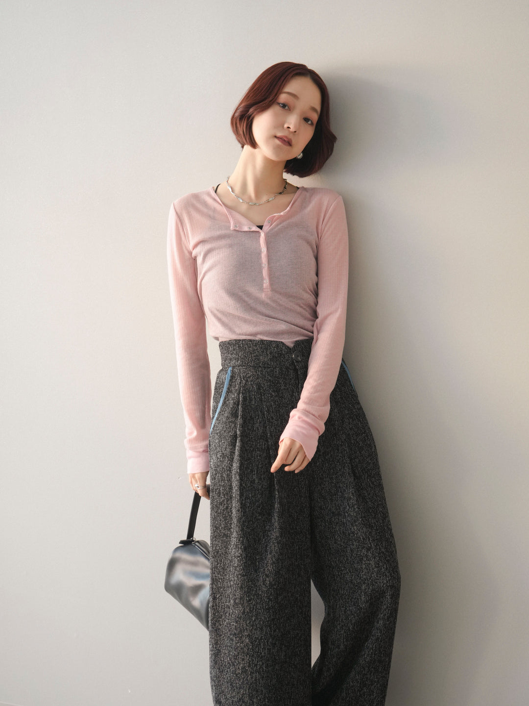 [予約]シアーリブヘンリーネックロンT/pink