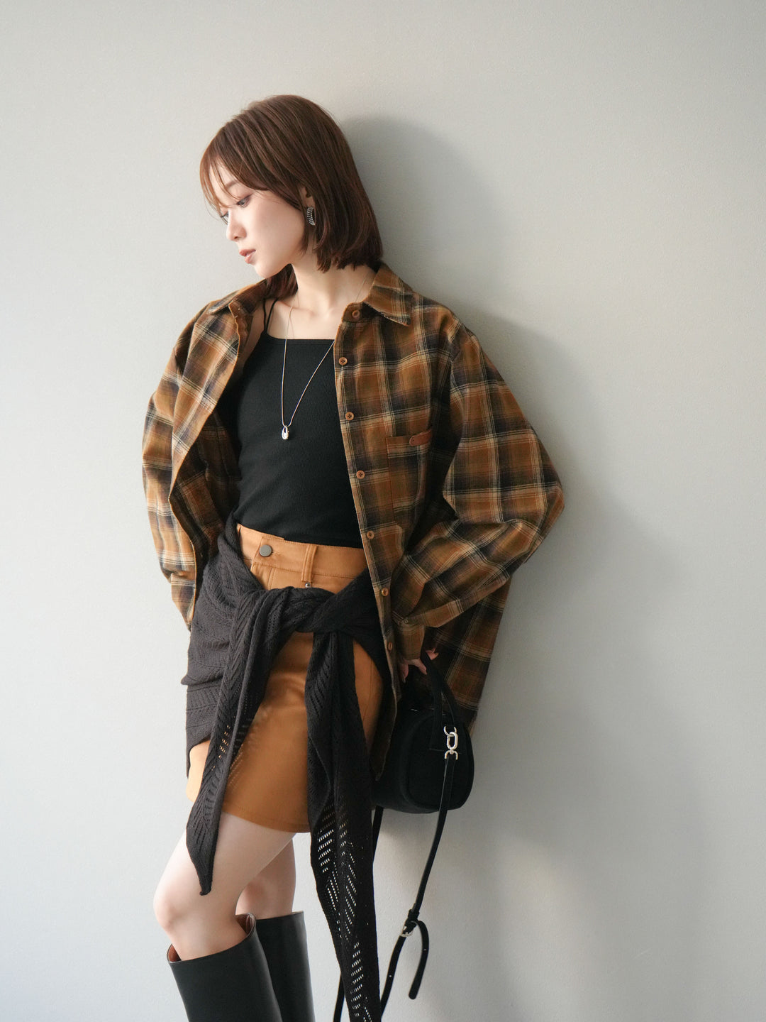 [予約]起毛チェックオーバーシャツ/キャメル