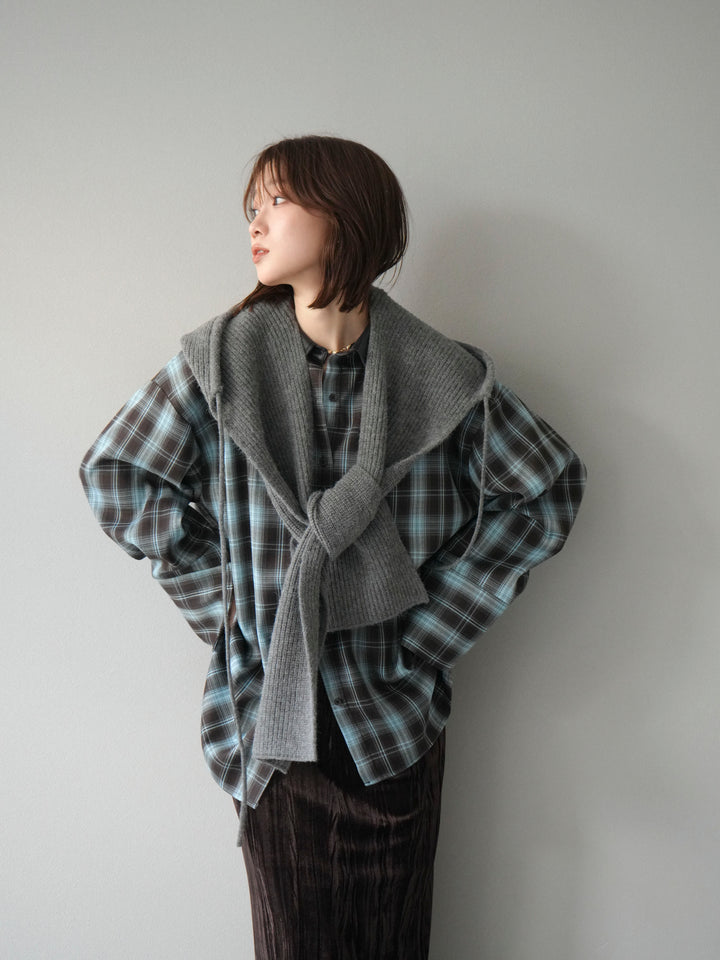 [予約]レザー襟オンブレチェックオーバーシャツ /ブルー