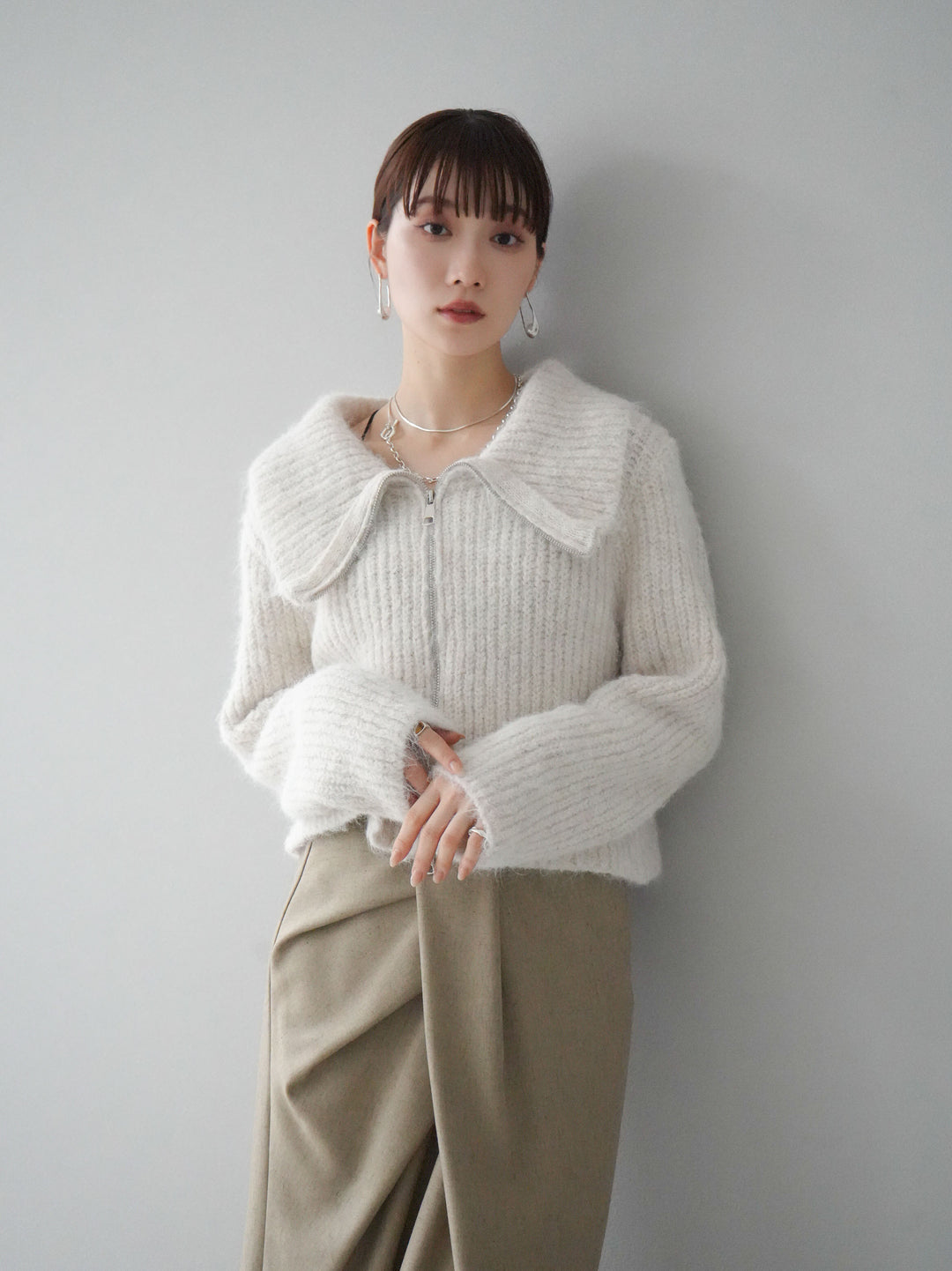 [予約]BIG襟ジップニットカーディガン/アイボリー