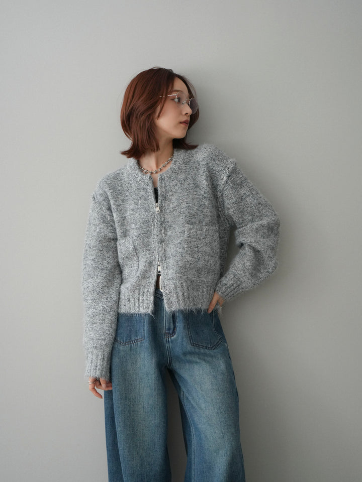 [SET]ミックスヤーンダブルZIPニットカーディガン+ベルト付裏起毛カーブデニムパンツ(2set)