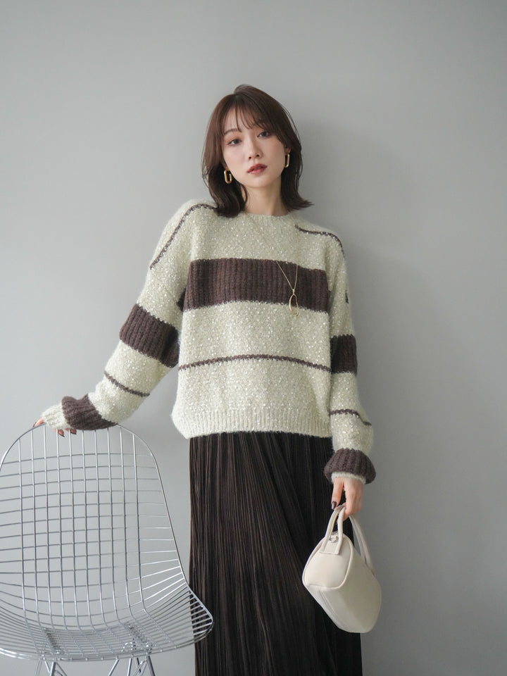 [SET]ネップヤーンボーダーニットプルオーバー+パンチングデザインスエードプリーツスカート(2set)