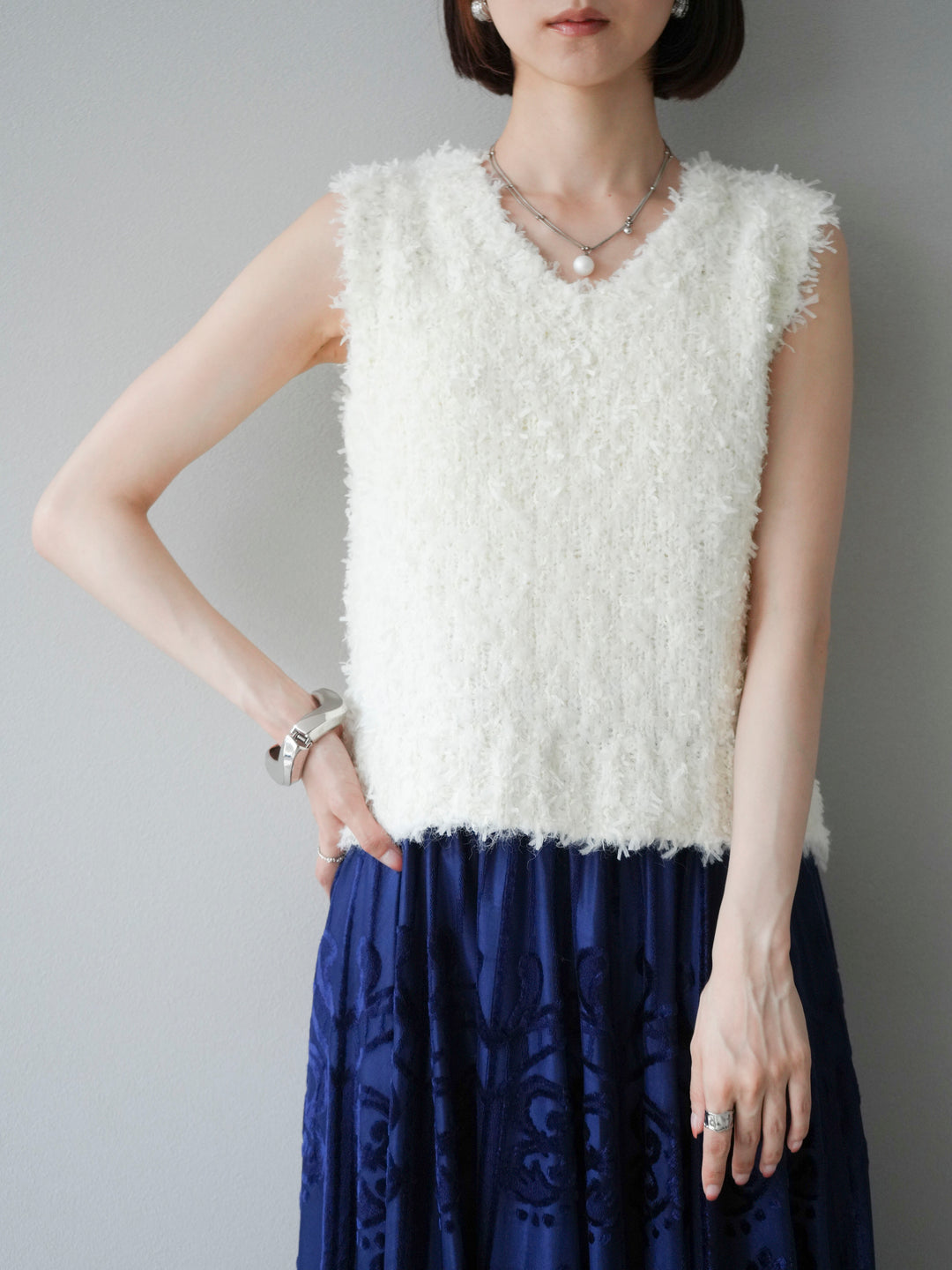 [SET]テープヤーンフリンジニットベスト+アンティーク柄フロッキーマキシスカート(2set)