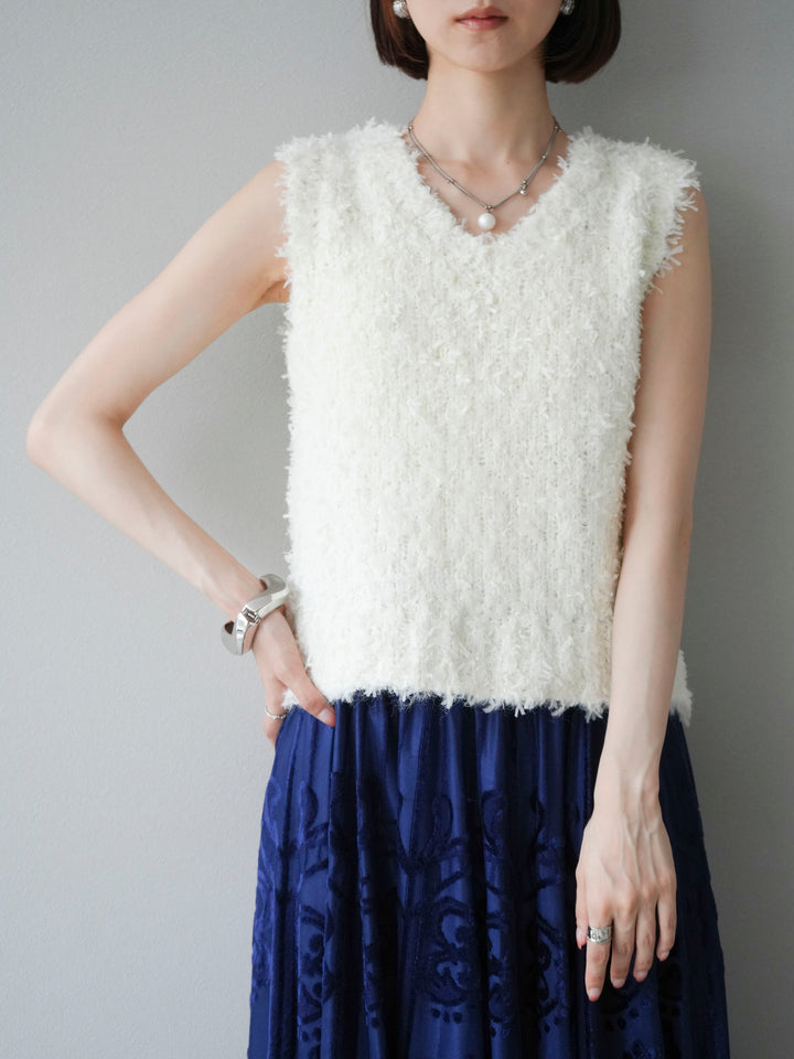 [SET]テープヤーンフリンジニットベスト+アンティーク柄フロッキーマキシスカート(2set)