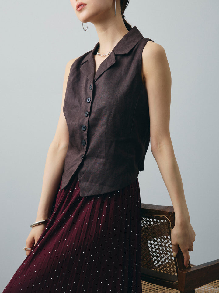 [SET]リネンライクテーラードジレ+ラインストーンプリーツスカート(2set)
