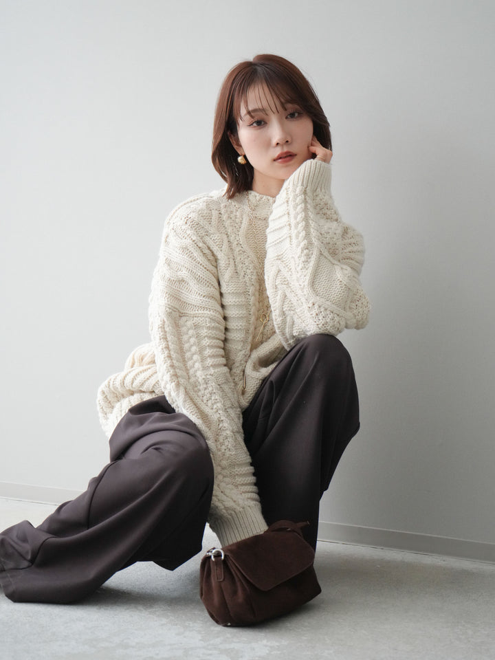 [SET]ケーブル編みモックネックニットプルオーバー+ベルトループデザインワイドパンツ(2set)