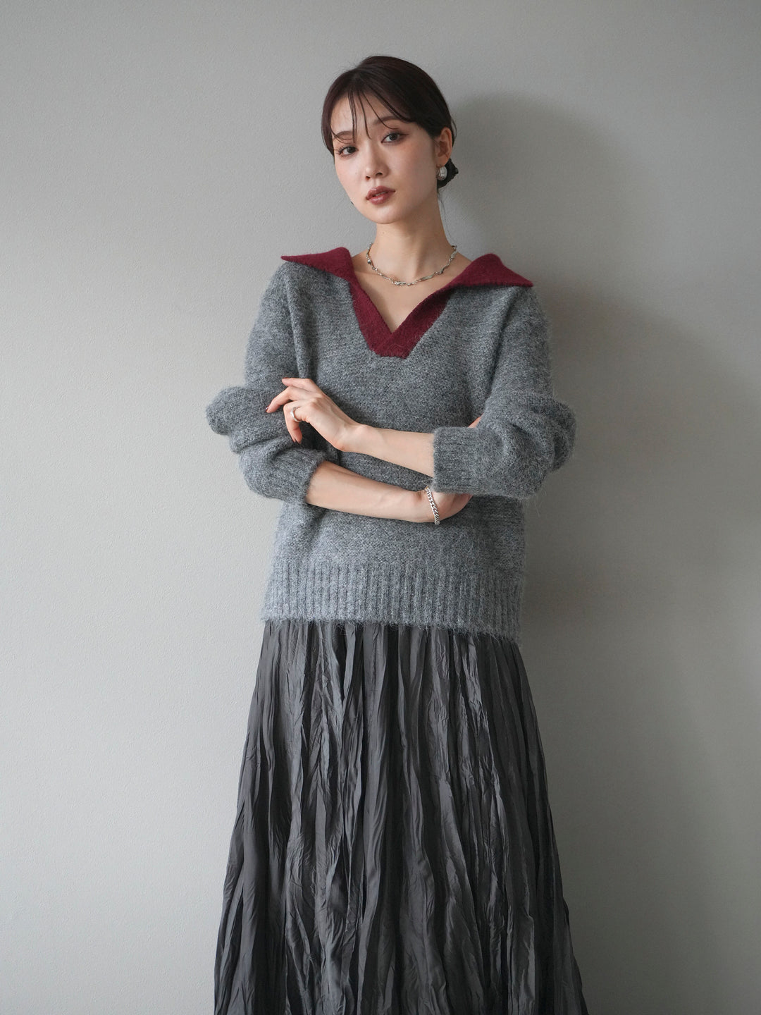 [予約]バイカラー襟付きニットプルオーバー/gray
