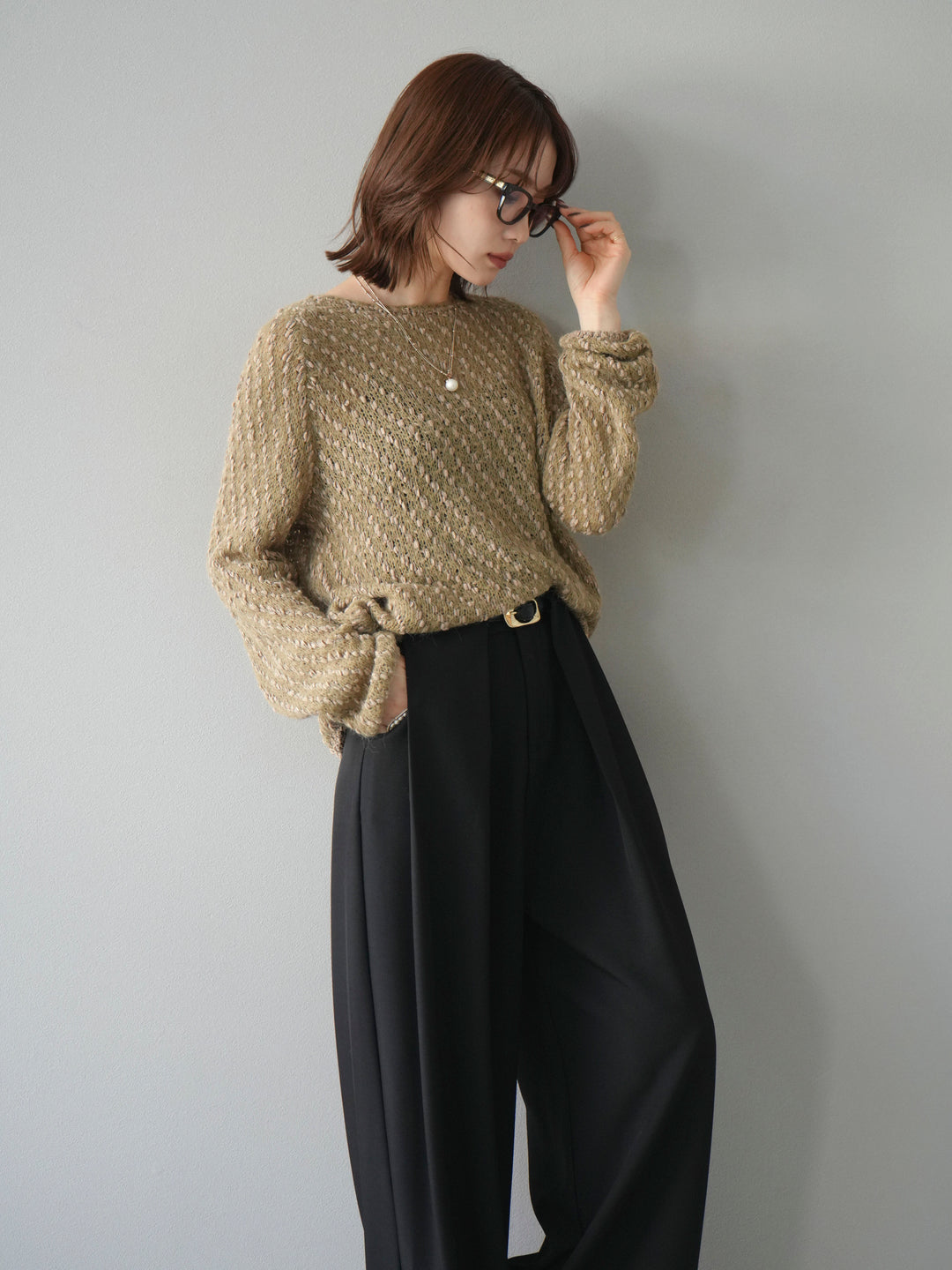 【着回しセット】[SET]求心柄クロップドニットカーディガン+異素材ミックスヤーンニットプルオーバー+ベルトループデザインワイドパンツ(3set)