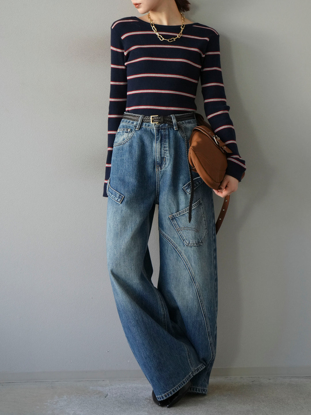 [予約]バックオープンボーダーテレコリブトップス/ネイビー