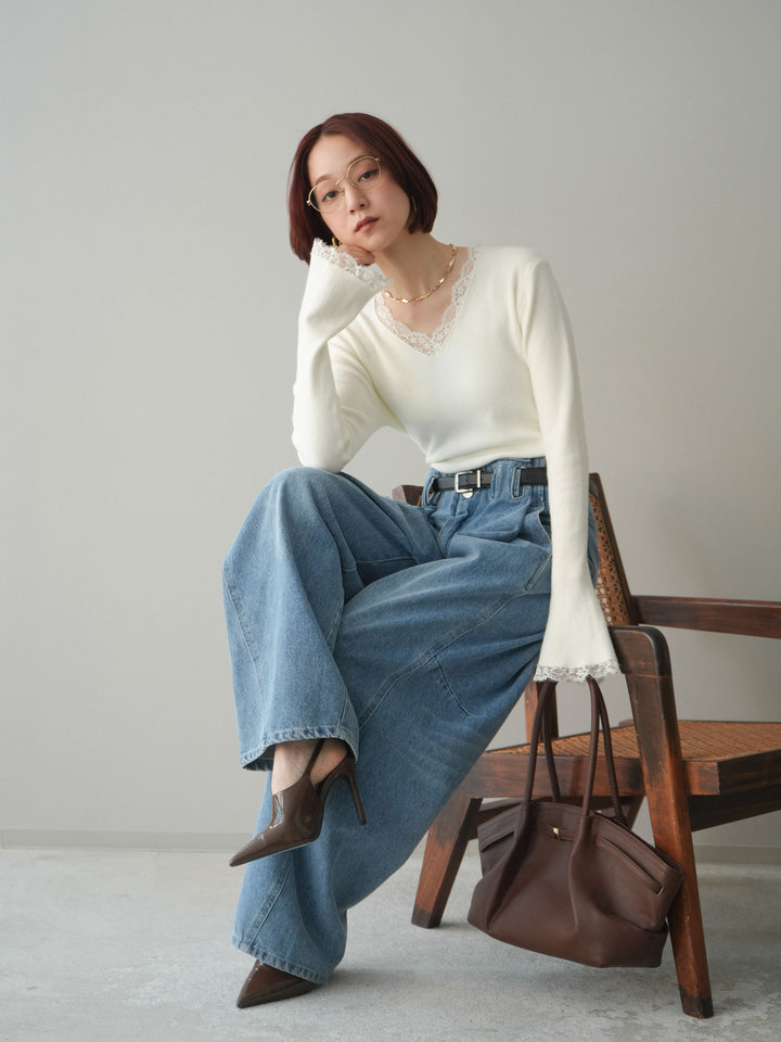 [SET]レースドッキングVネックニットトップス+ハイウエストベルトループデザインデニムパンツ(2set)