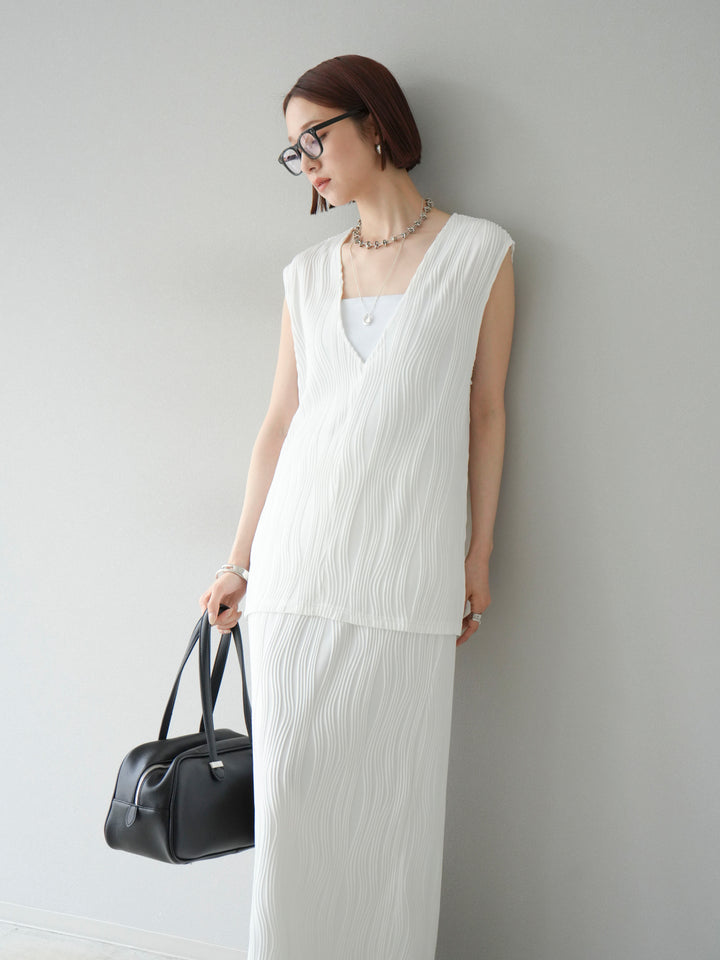 [SET]ウェーブパイピングVネックベスト+カップ付テレコリブベアキャミソール(2set)