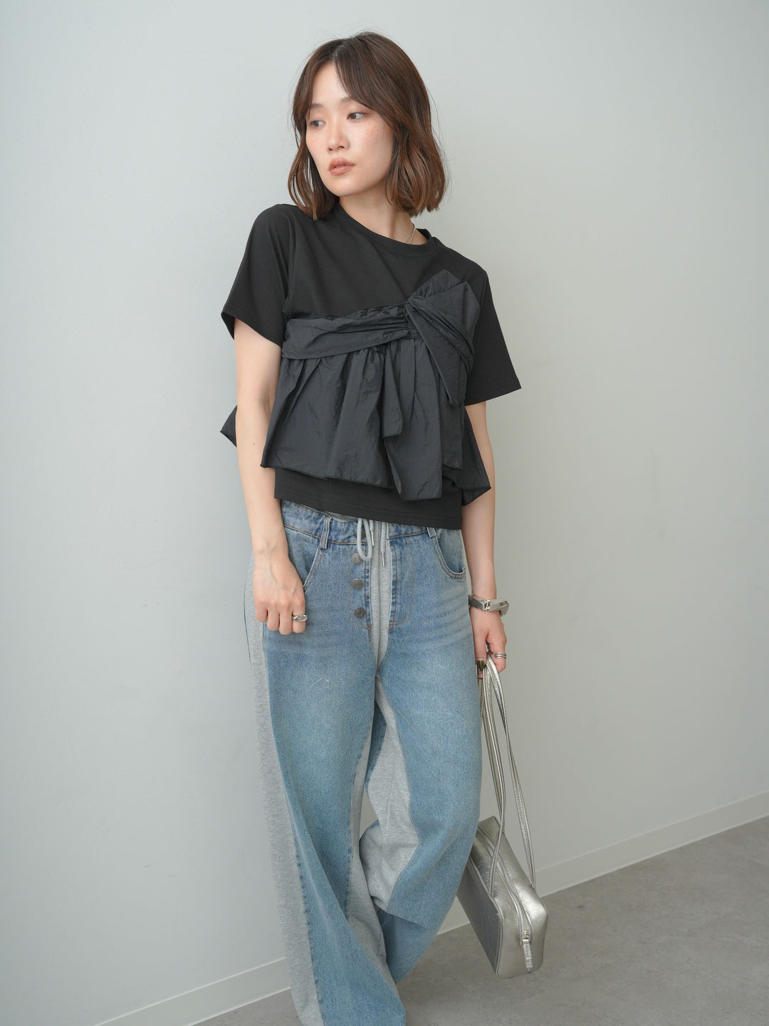 [SET]ナイロンドッキングツイストTEE +デニム切替スウェットパンツ(2set)