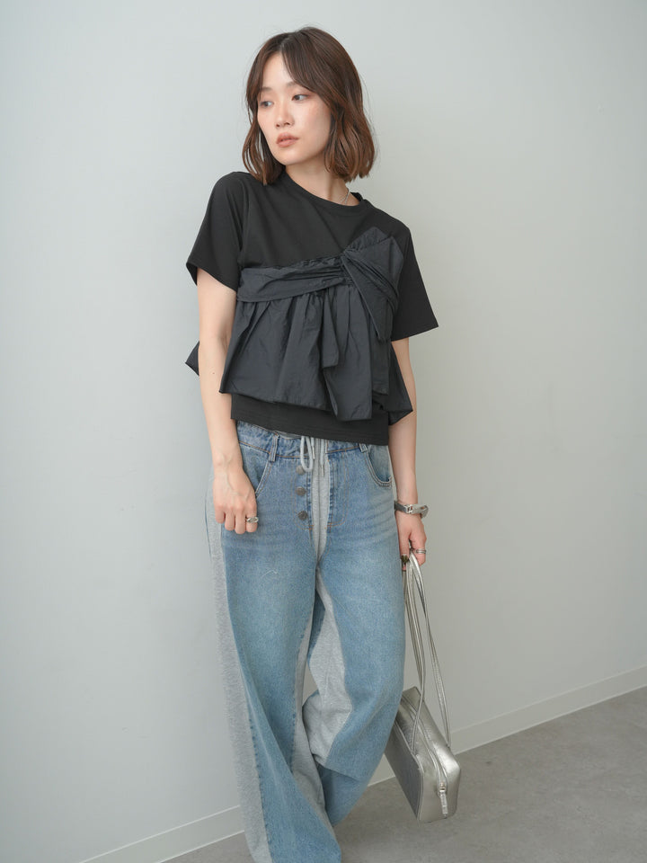 [SET]ナイロンドッキングツイストTEE +デニム切替スウェットパンツ(2set)