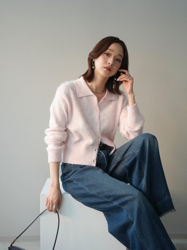 [SET]モヘア衿付きボタンプルオーバー+裏起毛裾フリンジワイドデニムパンツ(2set)