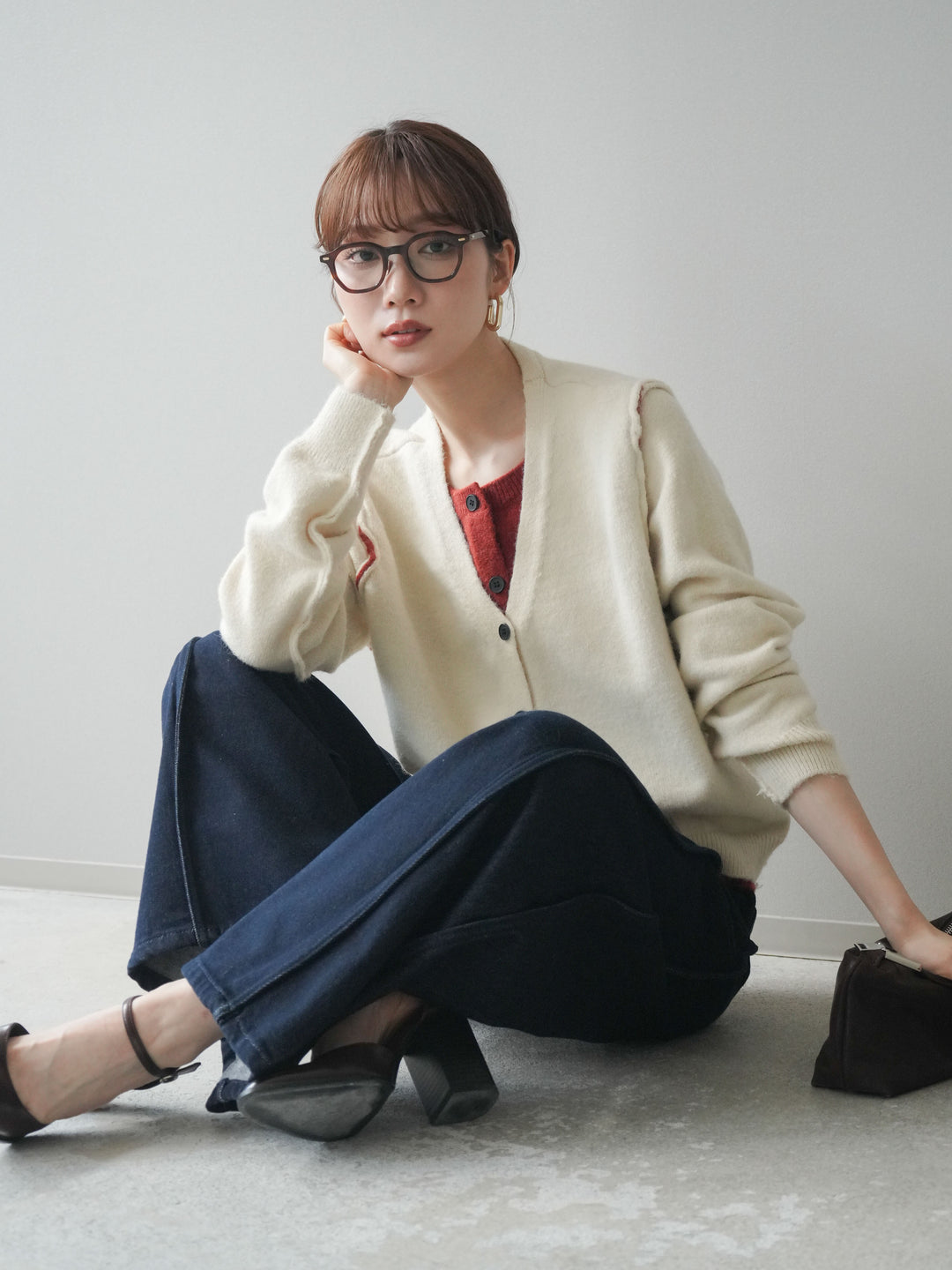 [SET]配色レイヤードニットカーディガン+選べるアクセセット(2set)