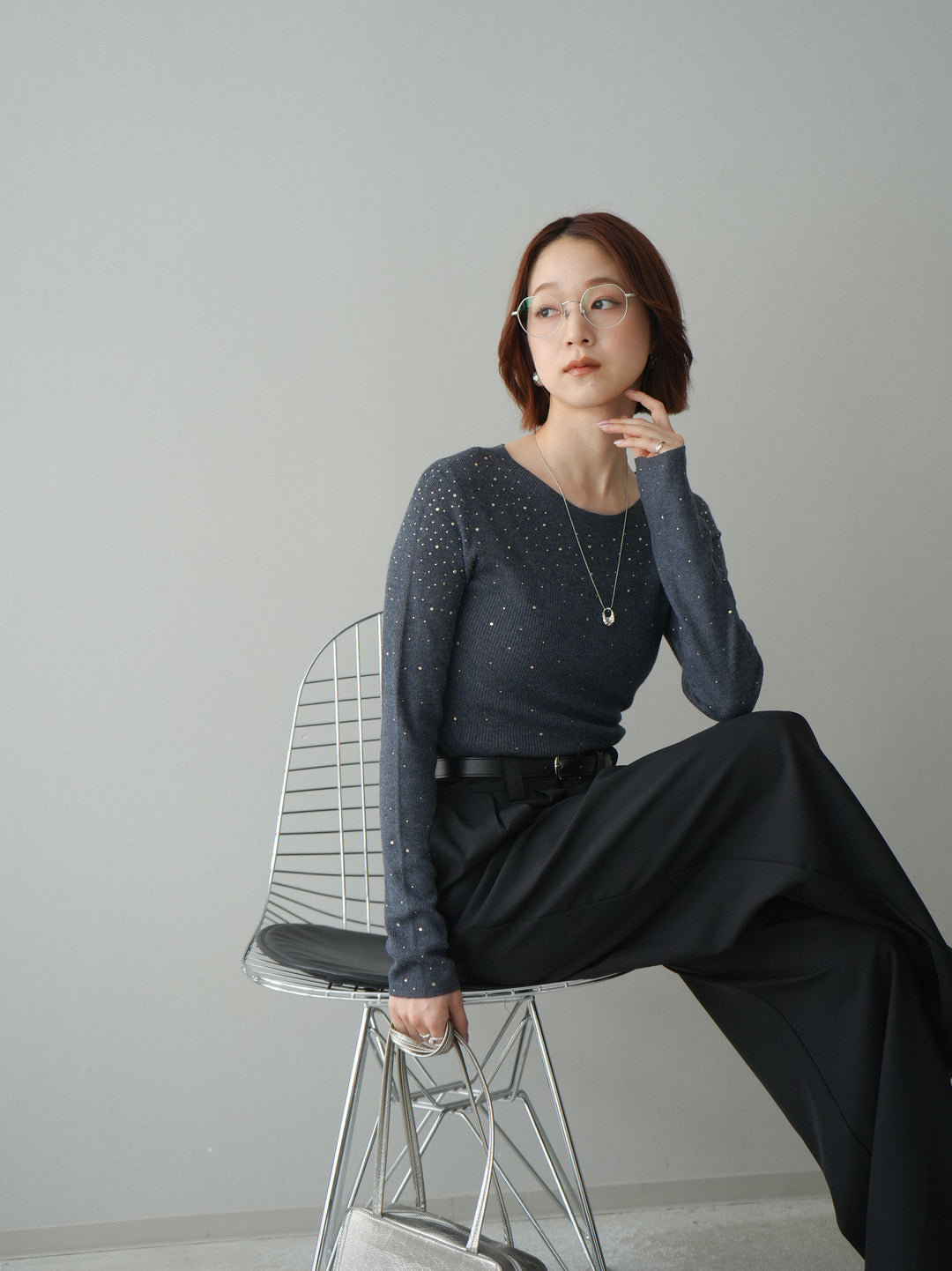 [SET]スパンコールシアーニットトップス+選べるアクセセット(2set)