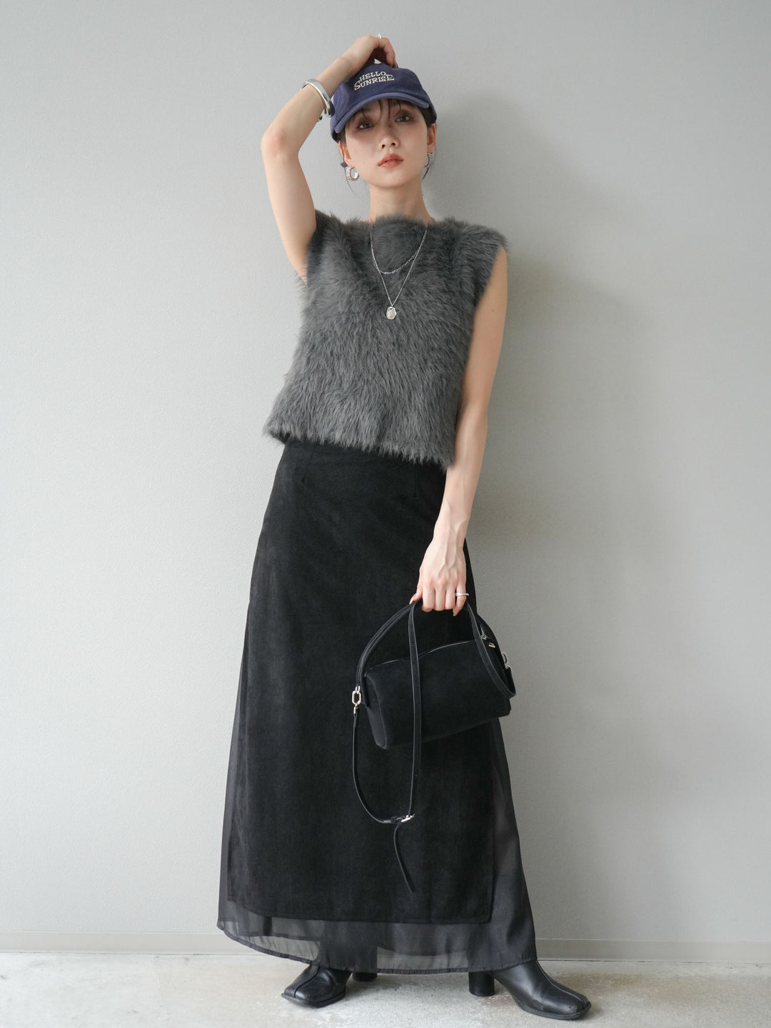 [予約]サイドスリットスウェードドッキングシフォンスカート/ブラック