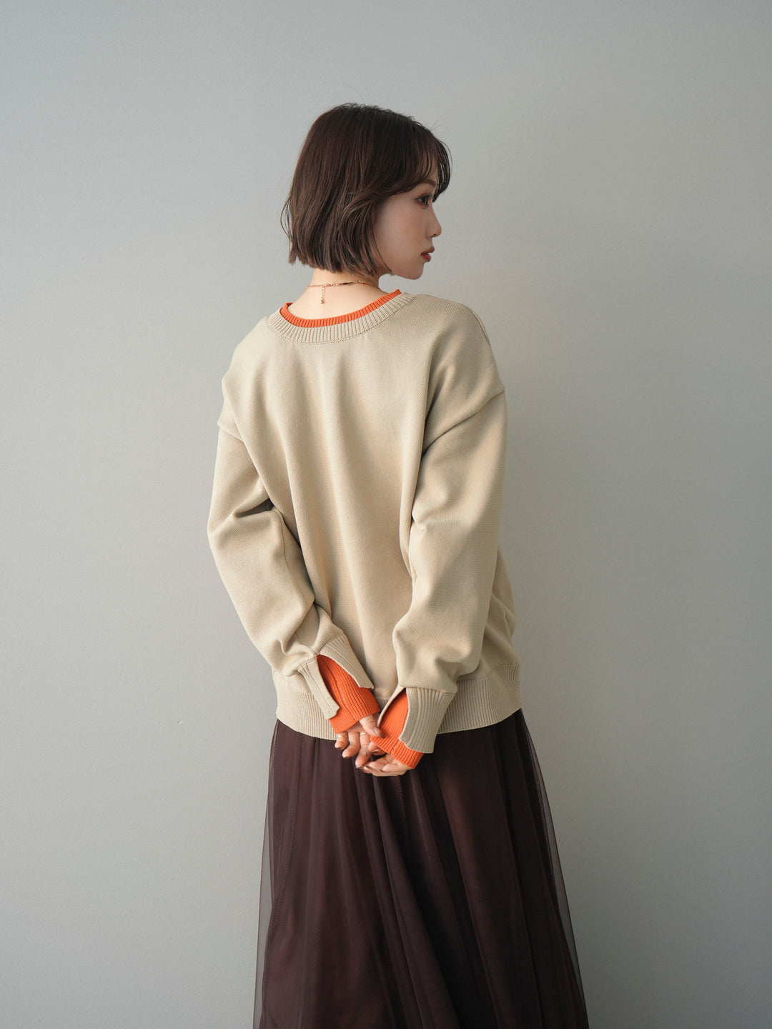 [予約]2WAYネック配色レイヤードニットプルオーバー/beige