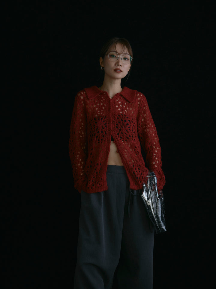 【Allure】[SET]ローゲージ透かし編みポロニッカーディガン+ローゲージ透かし編みポロニッカーディガン(2set)