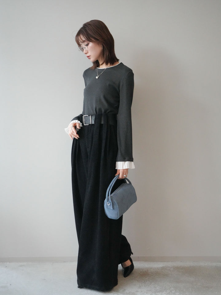 [SET]袖プリーツ配色レイヤードトップス+ベルトデザインループコールテンワイドパンツ(ベルト付き)(2set)